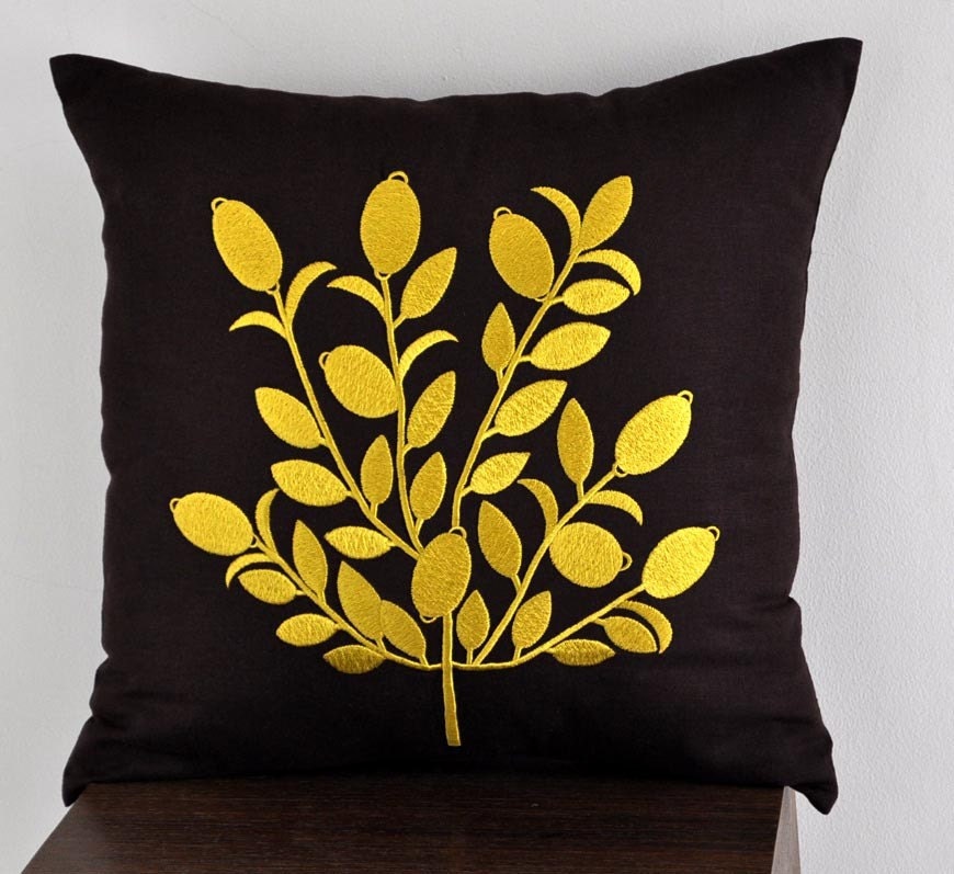 Yellow Tree Throw Pillow Cover, Embroidered Decorative Pillow, Dark Brown Linen Pillow Yellow Tree, Pillow Case 18 x 18, Brown Cushion Cover