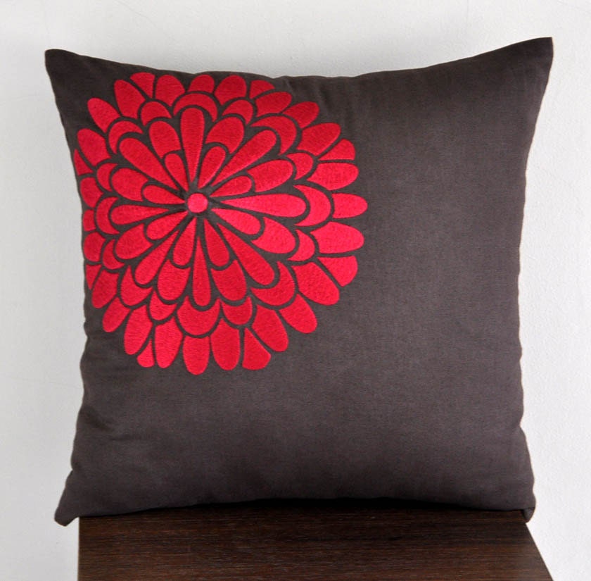 Red flock flower, Throw Pillow Cover 18 x 18, Decorative Pillow For Couch, Dark Brown linen with Red floral Embroidery, Pillow Accent Red