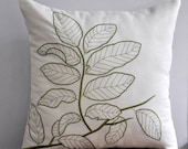 Leaves Branches Throw  Pillow Cover, Decorative Pillow Cover 18 x 18, Cream Linen Pillow Fresh Green Embroidery, Pillow Case, Couch Pillow