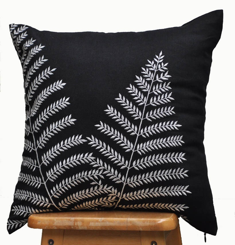 Fern Pillow Cover, Decorative Throw Pillow Cover, White Fern on Black Linen, Embroidered Pillow Cover, Pillow Case 18 x 18, Black Pillows