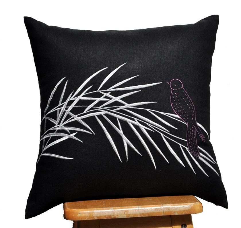 Bamboo Throw Pillow Cover,Decorative Pillow Cover, Black Linen with Silver Bamboo Embroidery, Bird Pillow,Black Pillow Case 18 x18