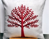 Red Tree Of Life Throw Pillow Cover, Decorative Pillow for Couch, Linen Pillow Red Tree Embroidery, Red Cushion Cover, Pillow Case 18 x 18