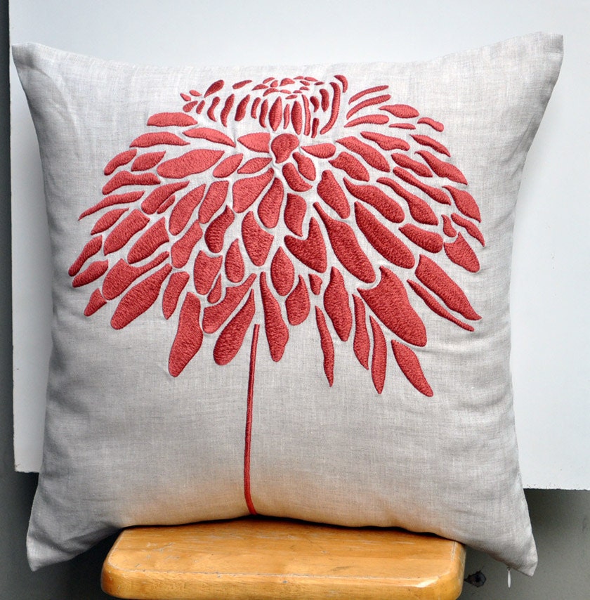 Peony FLower Pillow, Orange Decorative Pillow Cover, Orange Peony Embroidery on Linen Pillow, Throw Pillow Cover 18 x 18, Orange Pillow Case