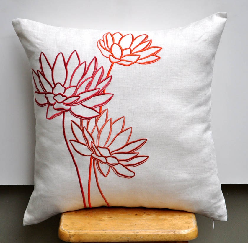 Orange Water Lily-  Throw Pillow Cover - 18" x 18" Decorative Pillow Cover - Beige linen fabric with orange flower embroidery - KainKain
