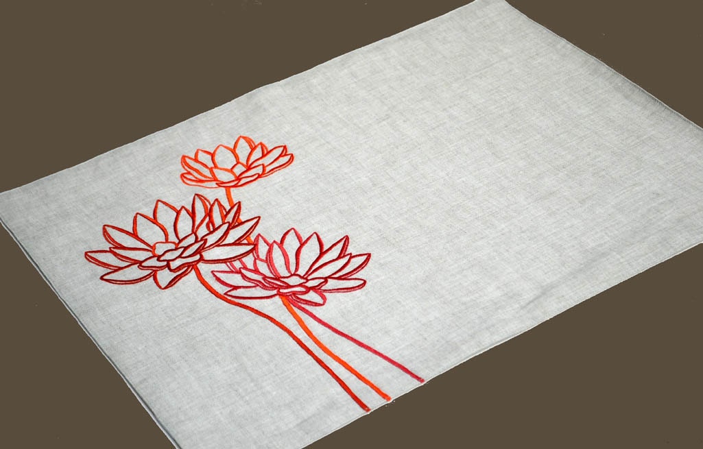 Orange Lotus Placemat, Linen Placemats set of 4, Linen Fabric with Orange Lotus, Embroidered Placemats.Table Linen, Dining Placemats