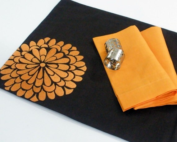 Dark Brorwn Linen with Orange Flock Flower Embroidery Placemat - Set of 4