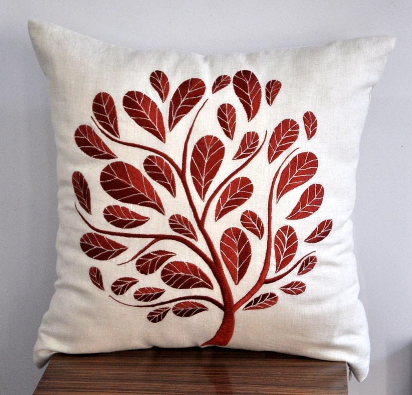 Peacock  Pillow Cover, Orange Peacock on Beige Pillow, Linen Embroidered Pillow, Decorative Throw Pillow Cover 18 x 18, Accent Pillow Orange