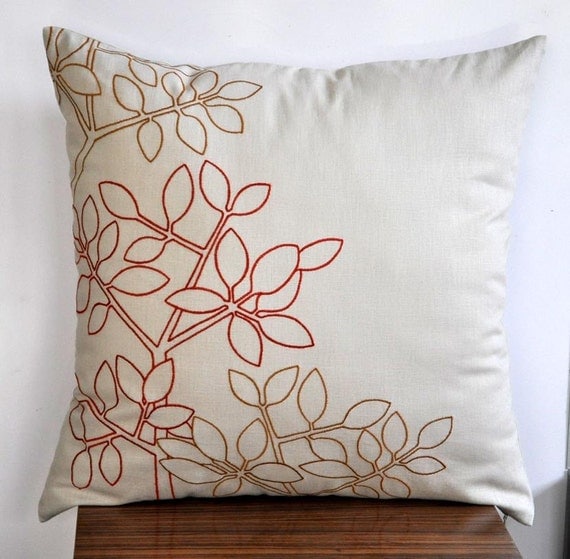 Twig Leaves Throw Pillow Cover, Decorative pillow cover 18 x 18, Oatmeal Linen Orange Ochre Leaves, Embroidered Pillow, Pillow Accent