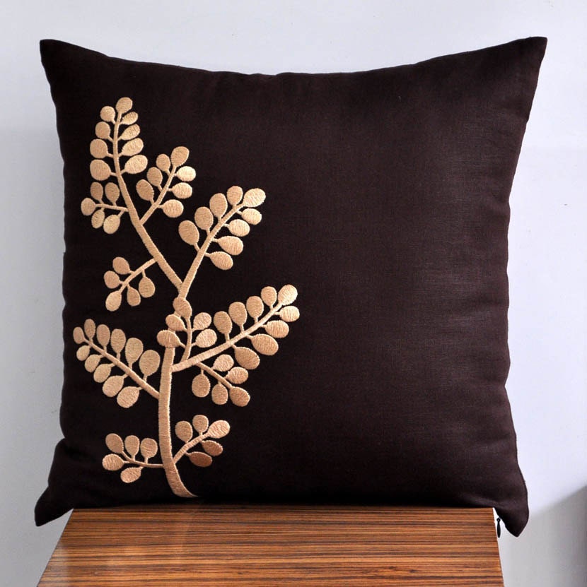 Beige Tree Branch Throw Pillow Cover, Decorative Pillow Cover, Dark Brown Linen Beige Botanical Embroidery, Brown Pillow Cover 18x18