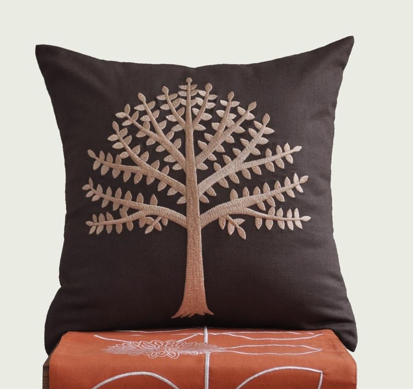 Beige Tree Throw Pillow Cover, Dark Brown Linen Pillow Cover with Beige Tree Embroidery, Decorative Pillow For Couch, Pillow Case 18 x 18