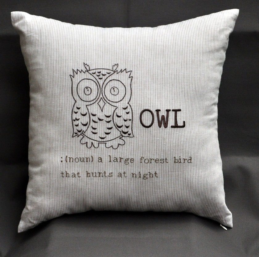 Brown Striped Pillow Cover, Owl Decorative Pillow Cover, Brown Owl Embroidery on Brown Striped Pillow, Pillow Case 18 x 18, Striped Cushion