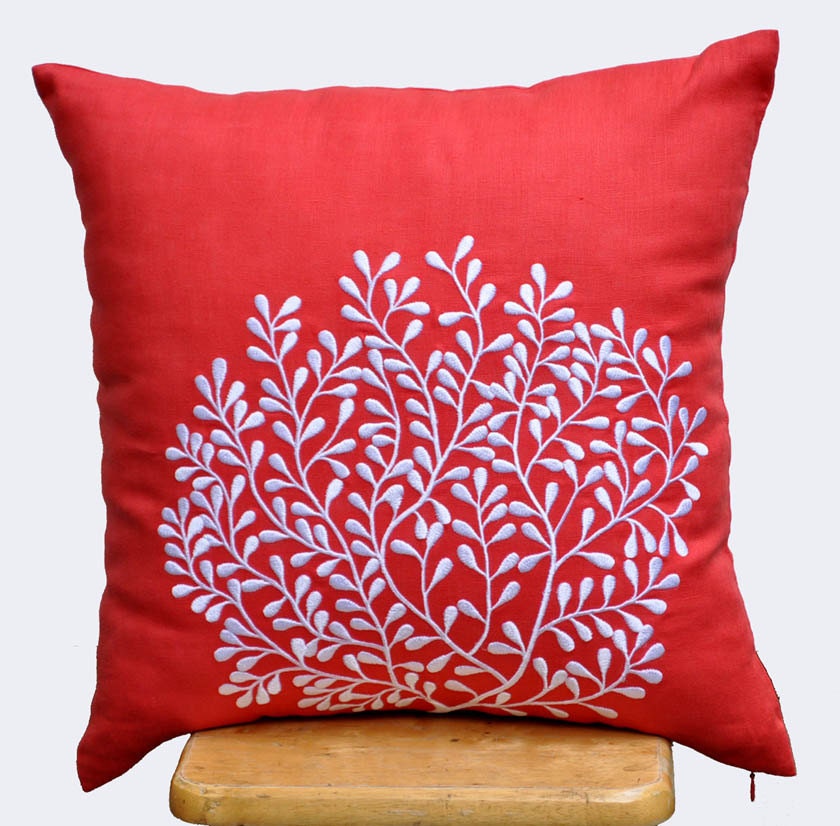 Coral Fan Decorative Pillow Cover, White Coral Embroidery on Red Orange Linen Pillow, Pillow case 18 x 18, Orange Pillow Accent,Pillow