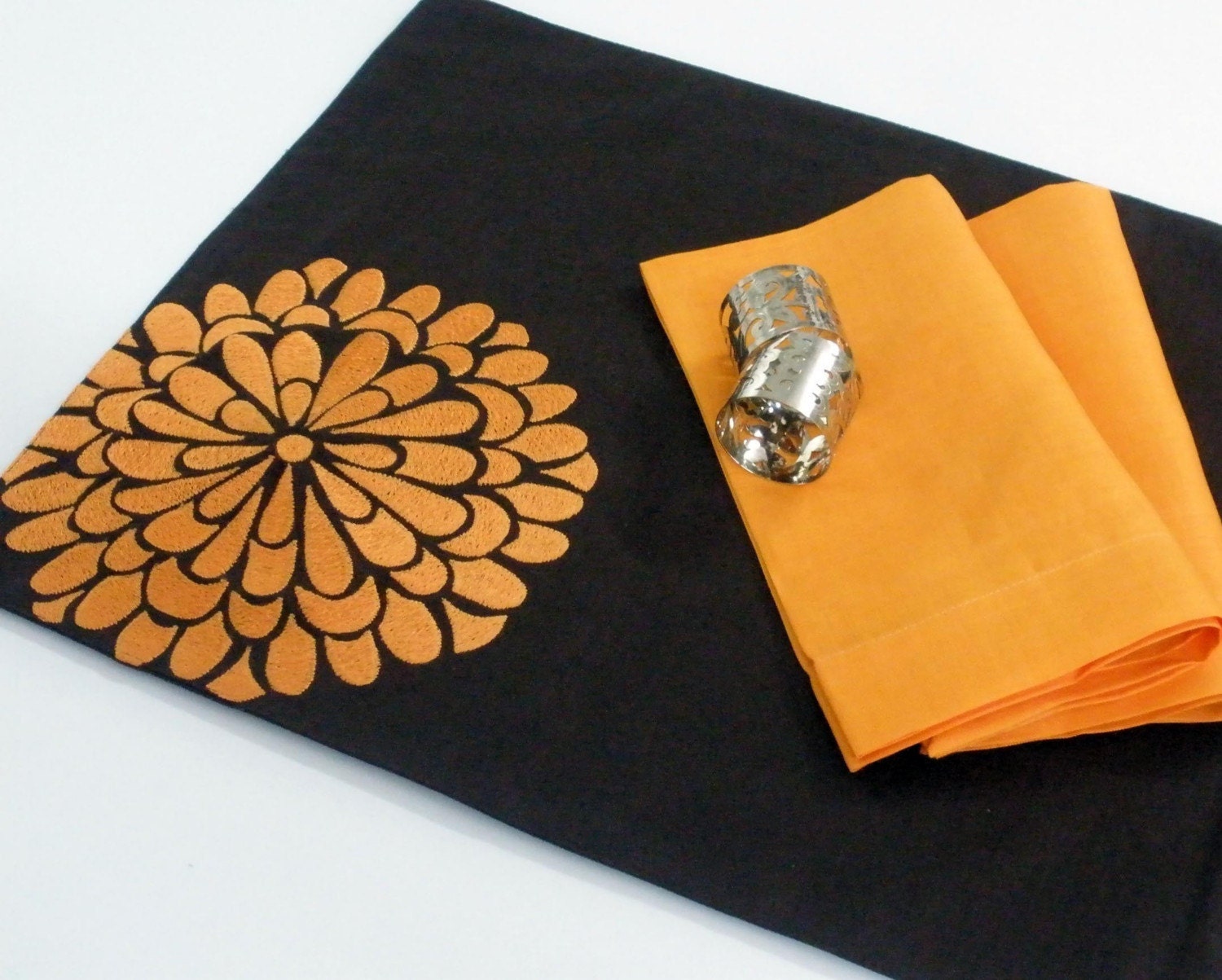 Dark Brorwn Linen with Orange Flock Flower Embroidery Placemat - Set of 4