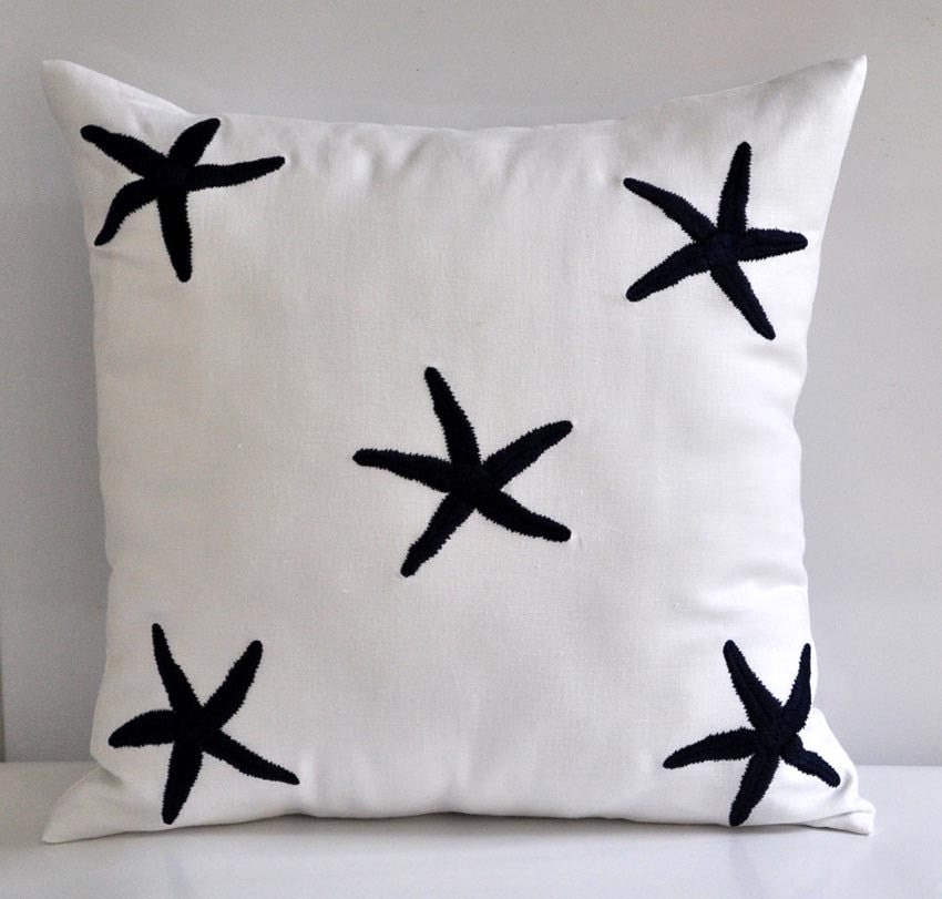 Navy Blue Starfish Throw Pillow Cover, Decorative Pillow Cover, White Linen Navy Blue Starfish, Pillow Case 18 x 18, Beach Cushion Cover