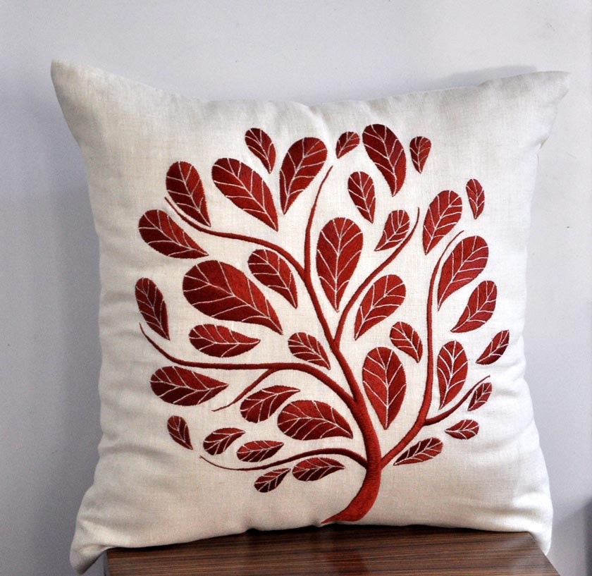 Peacock  Pillow Cover, Orange Peacock on Beige Pillow, Linen Embroidered Pillow, Decorative Throw Pillow Cover 18 x 18, Accent Pillow Orange