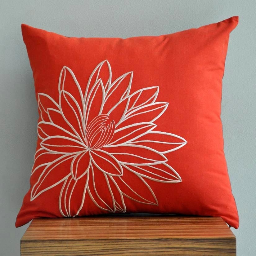 Lotus DecorativeThrow Pillow Cover, Orange Pillow Beige Lotus, Accent Pillow, Pillow Case 18x 18, Cushion Cover, Linen Pillow