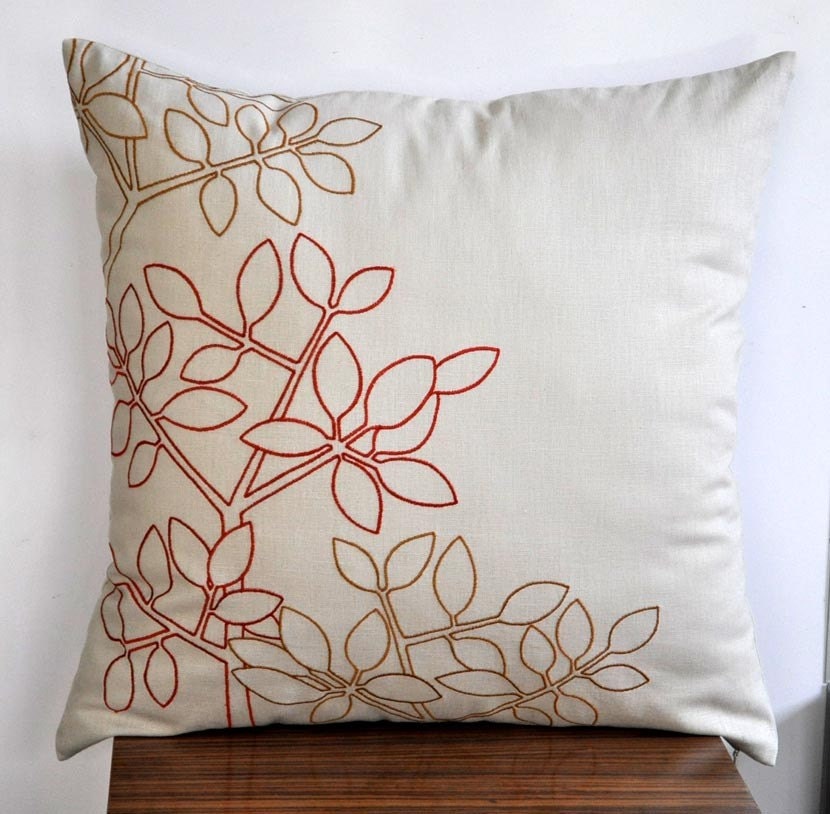 Twig Leaves Throw Pillow Cover, Decorative pillow cover 18 x 18, Oatmeal Linen Orange Ochre Leaves, Embroidered Pillow, Pillow Accent