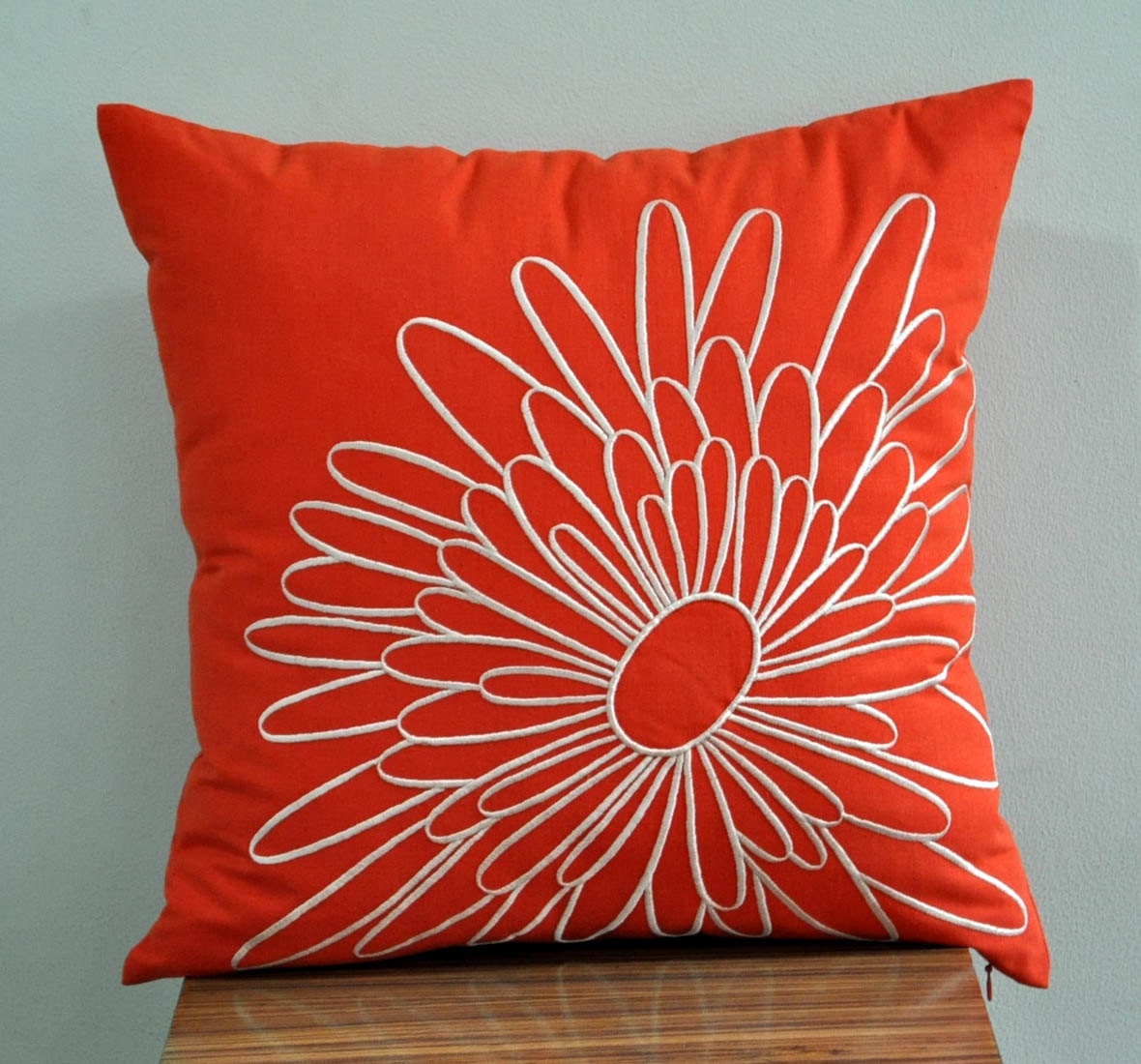 Orange Magnolia Pillow Cover, Decorative Pillow Cover, Beige Flower on Red Orange Linen, Throw Pillow Cover 18 x 18, Orange cushion cover