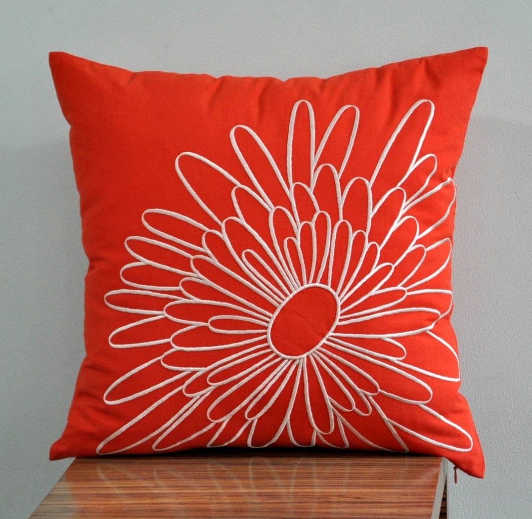 Orange Magnolia Pillow Cover, Decorative Pillow Cover, Beige Flower on Red Orange Linen, Throw Pillow Cover 18 x 18, Orange cushion cover