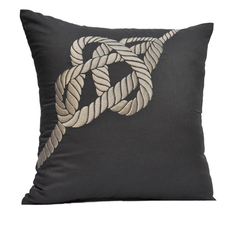 Nautical Pillow Cover, Cream Rope on Gray Pillow, Decorative Throw Pillow Cover, Linen Pillow, 18 x 18 pillow cover square, Sofa Pillow