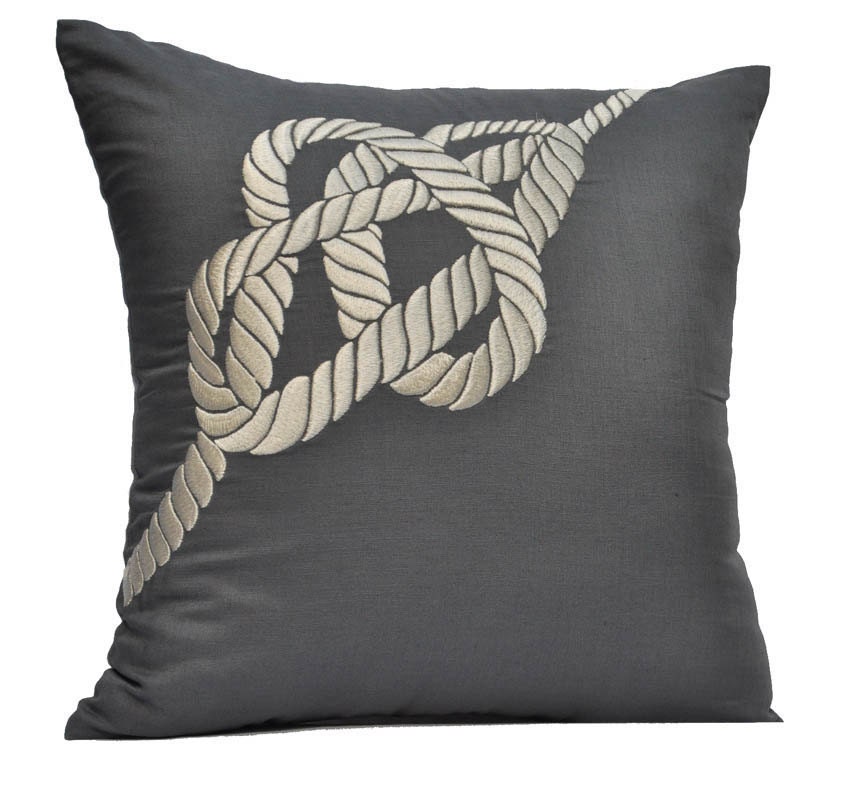 Nautical Pillow Cover, Cream Rope on Gray Pillow, Decorative Throw Pillow Cover, Linen Pillow, 18 x 18 pillow cover square, Sofa Pillow