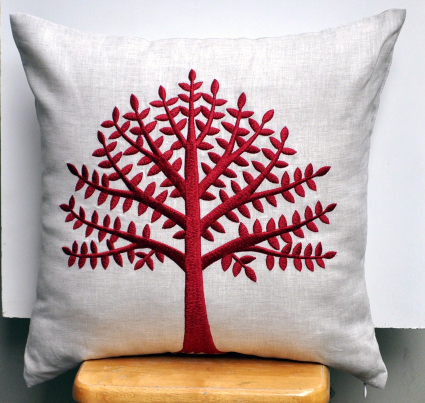 Red Tree Of Life Throw Pillow Cover, Decorative Pillow for Couch, Linen Pillow Red Tree Embroidery, Red Cushion Cover, Pillow Case 18 x 18