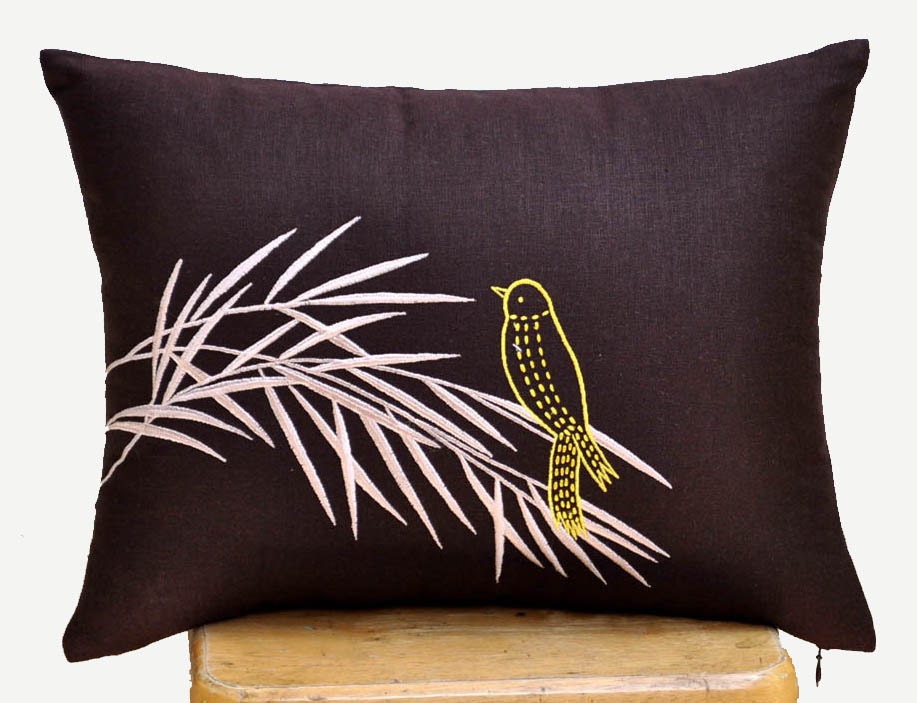 Bird on Bamboo Lumbar Pillow Cove, Decorative Pillow Cover, Dark Brown Linen with Bird Embroidery, Bird Cushion, Pillow Case 12 x 16
