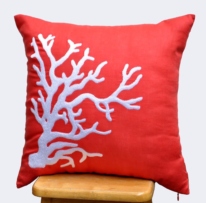 Coral Decorative Pillow Cover, 18 x 18 throw pillow cover, white coral cushion, orange accent pillow, nautical pillow, linen pillow