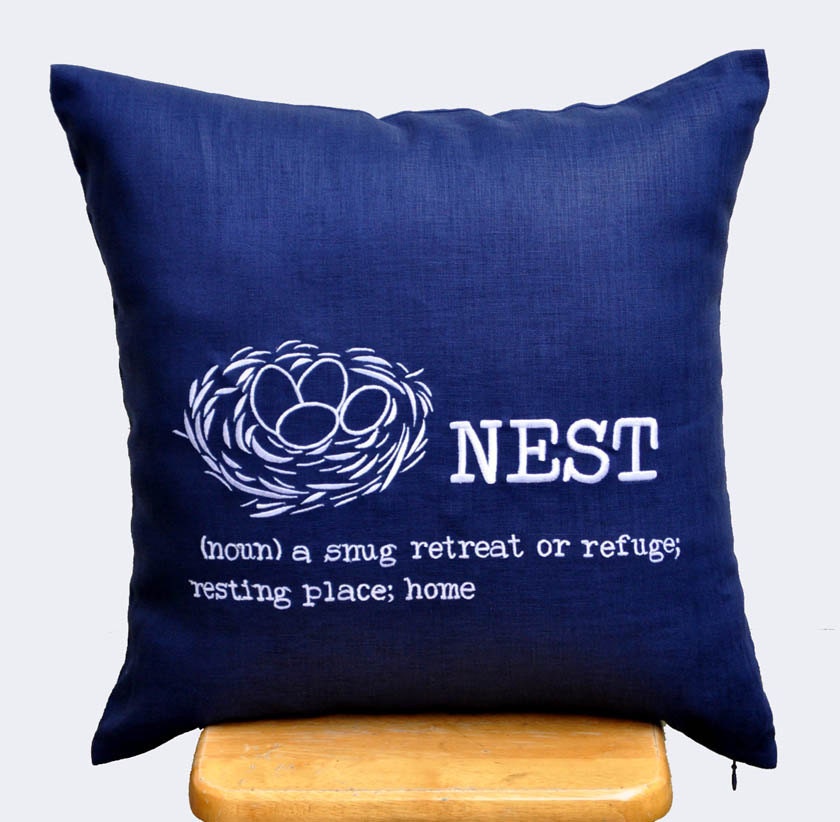 Nest Throw Pillow Cover, White Nest Embroidered Pillow, Navy Blue Accent Pillow, Decorative Pillow for Couch, Pillow Case 18 x18