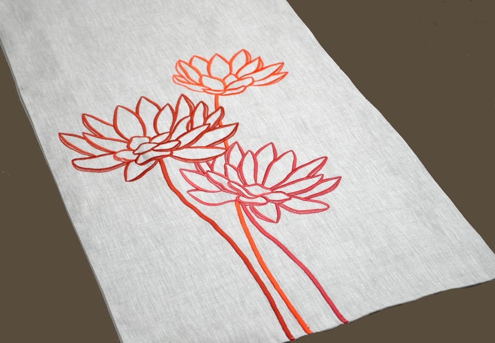 Lotus Table Runner, Embroidered Table Runner 14' x 64", Orange Flower on Linen Table Runner, Long Table Runner, Orange Table Linen