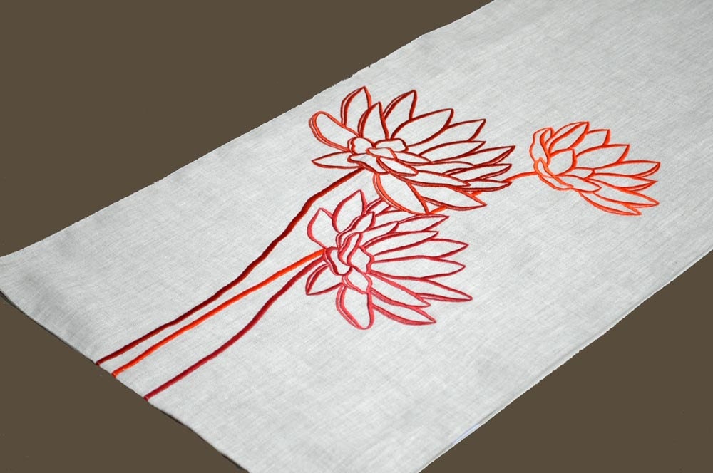 Lotus Table Runner, Embroidered Table Runner 14' x 64", Orange Flower on Linen Table Runner, Long Table Runner, Orange Table Linen