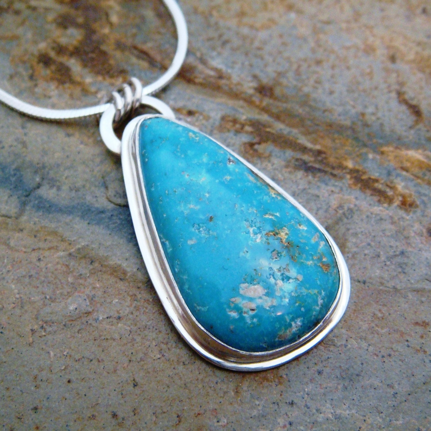 Ajax Mine Turquoise Pendant set in fine silver and sterling silver - Blue - Turquoise Necklace - OOAK