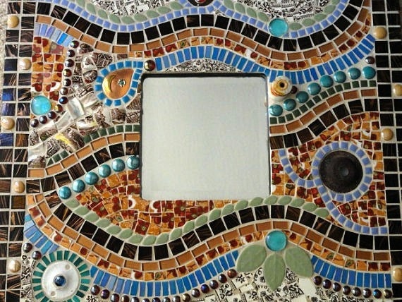 Vintage Broken China Mosaic Wall Mirror, Brown/Blue/Rust, Mosaics, Wall Decor