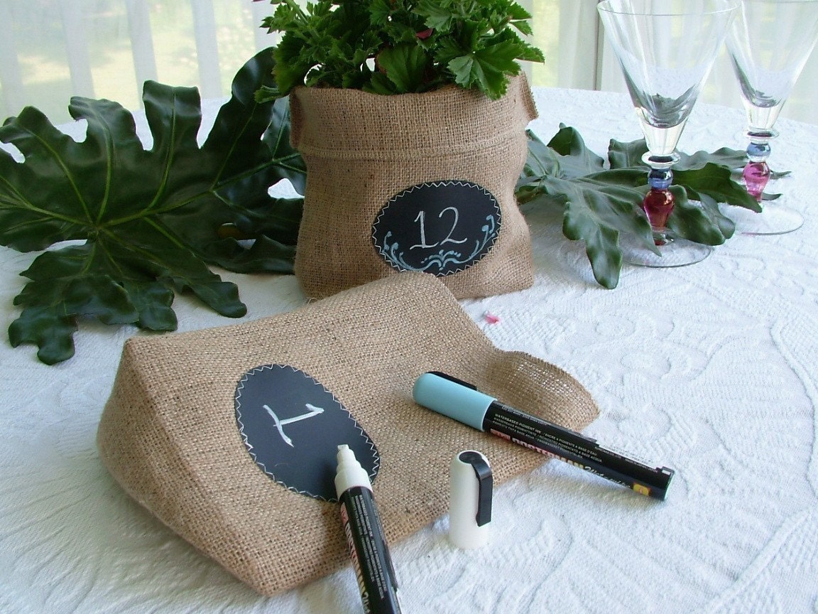 Set of 4 Burlap Bags with Re-Useable Chalkboard Labels for Outdoor Wedding Party Favors, Centerpiece, Table Numbers