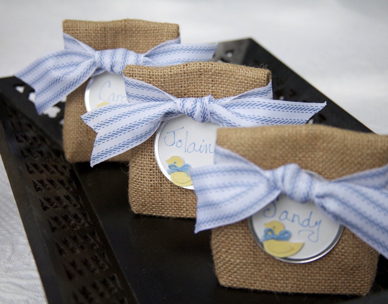 Set of 8 Small Burlap Bags with Labels for Wedding Place Cards, Party Favor Bags