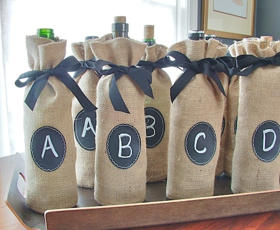 Jute Burlap Wine Bottle Bags to Custom Label over and over again - Set of 8