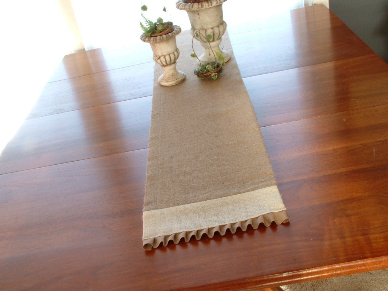 Jute Burlap Skinny Table Runner with tonal accent and pleated trim - 9.5 X 60-inches