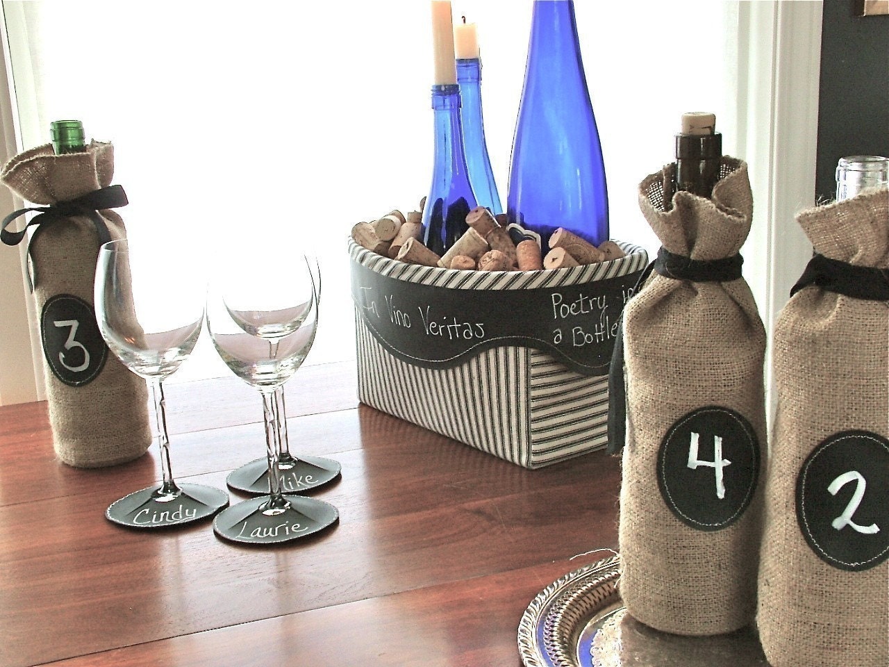Set of 8 Jute Burlap Wine Bottle Bags to Custom Label over and over again