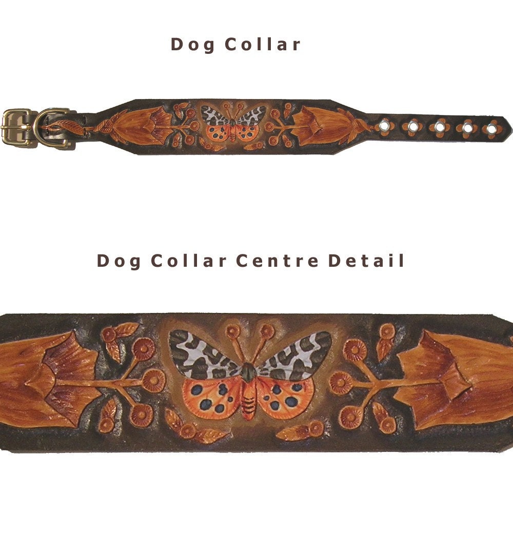 Hand carved dog collar with garden tiger moth butterfly