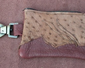 iPhone Wallet Leather Zipper Bag / Clip On Coin Change Purse, Tan Brown Buffalo Hide Abstract  Ostrich Skin With a Swivel Snap Clip