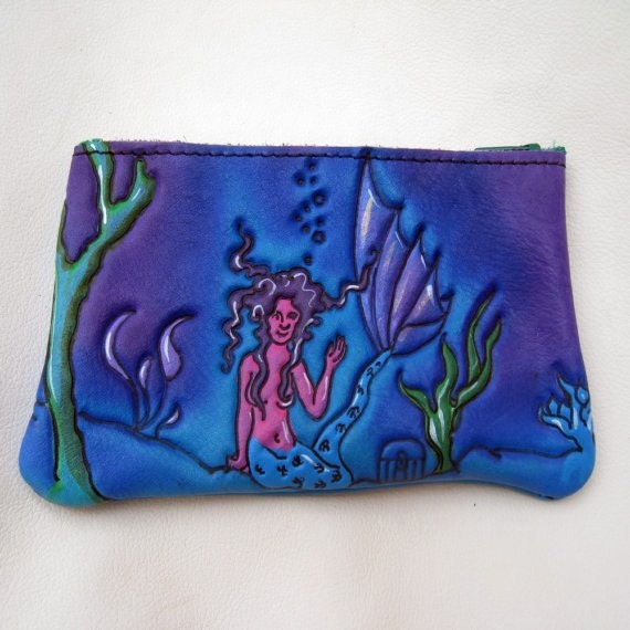 Leather/ Zipper Coin Change Purse /  Airbrushed ,hand painted, Mermaid  , Purple Blue Green Custom Made