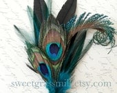 Peacock Feather Pin - MELANGETTE -  Dark Teal and Peacock Feathers - Brooch, Headband or Clip