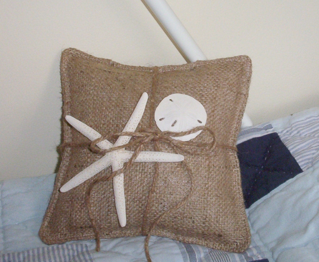 Burlap Ring Bearer Pillow with a beautiful white Starfish and Sand Dollar Beach wedding