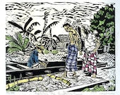 Repairing the Buffalo Ramp, limited edition lino cut with water color, hand printed, hand signed in pencil  by the artist