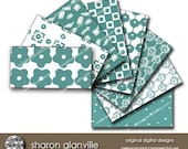 BUY THREE DOWNLOADS AND GET ONE FREE.  Retro Turquoise and White, 8 Digital Papers to DOWNLOAD and PRINT for Scrapbooking, Card Making, Stationery, Book Covers (No. 109)