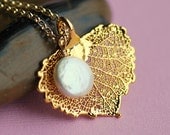 Genuine Real Aspen Gold Plated Leaf and Freshwater Pearl on 14kt Gold Filled Chain