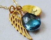 London Blue Topaz Initial Wing Necklace - 14kt Gold Filled Hand Stamped Personalized - December Birthstone - Bridesmaids Gift