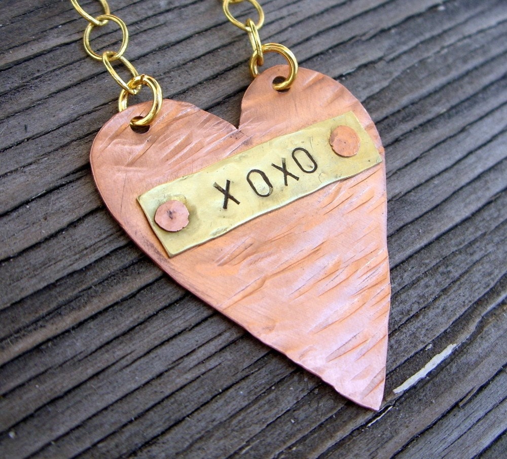 Hand stamped riveted heart pendant copper and brass xoxo necklace