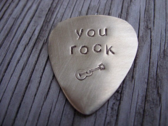 Hand stamped brass guitar pick- custom gift for a cool musician