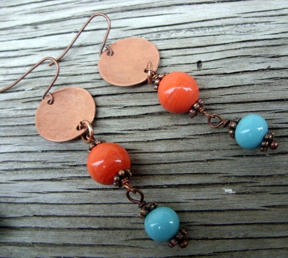 Bravo Boho Earrings copper discs, vintage turquoise and orange glass beads with copper earwires